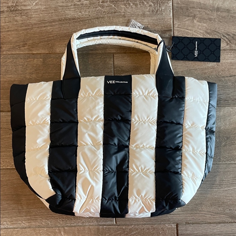 VEE Collective Black & White Striped Quilted Tote Bag